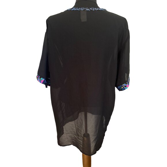 Jantzen Black, Sheer Beach Coverup With Multicolored bordered Neckline Sleeves - Picture 4 of 8